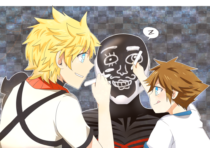 3boys :q age_difference blonde_hair blue_eyes brown_hair child commentary face_painting helmet kingdom_hearts kingdom_hearts_birth_by_sleep male_focus meru multiple_boys sora_(kingdom_hearts) tongue tongue_out vanitas ventus