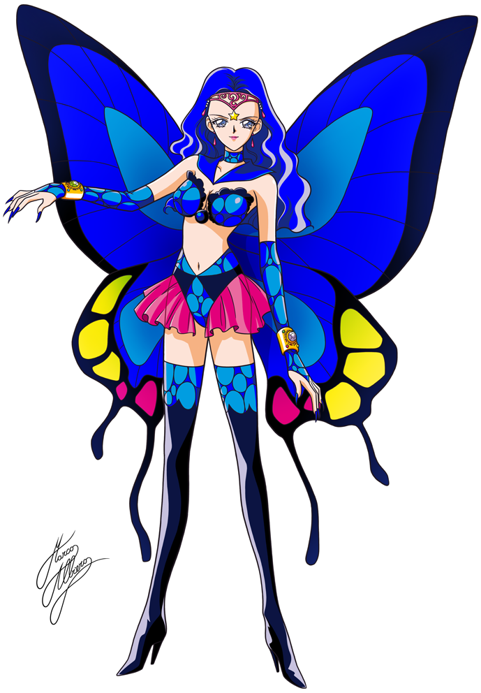 1girl bishoujo_senshi_sailor_moon blue_boots blue_eyes blue_hair blue_nails boots bracelet butterfly_wings choker circlet fingernails jewelry long_fingernails long_hair marco_albiero nail_polish pink_lips pink_skirt sailor_collar sailor_heavy_metal_papillon signature skirt smile solo standing star thigh-highs thigh_boots white_background wings
