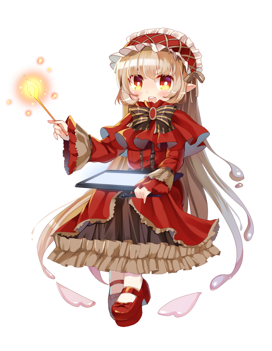 1girl :d blonde_hair blush bowtie chibi dress dripping fire floating full_body heart heterochromia highres long_hair long_sleeves looking_at_viewer magical_girl maid_headdress mary_janes mvv open_mouth original red_dress red_eyes shoes smile solo sparkle stylus tablet touchscreen very_long_hair wand yellow_eyes