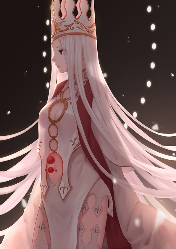 1girl albino breasts cleavage cleavage_cutout cowboy_shot crown dress_of_heaven fate/grand_order fate/stay_night fate_(series) from_side jacky5493 justeaze_lizrich_von_einzbern long_hair red_eyes solo very_long_hair white_hair