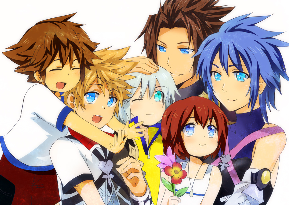 2girls 4boys age_difference aqua_(kingdom_hearts) aqua_eyes blonde_hair blue_eyes blue_hair brown_hair child closed_eyes commentary flower hand_on_another's_head jewelry kairi_(kingdom_hearts) kingdom_hearts kingdom_hearts_birth_by_sleep looking_at_another meru multiple_boys multiple_girls necklace one_eye_closed open_mouth redhead riku simple_background smile sora_(kingdom_hearts) terra_(kingdom_hearts) ventus white_background white_hair wristband