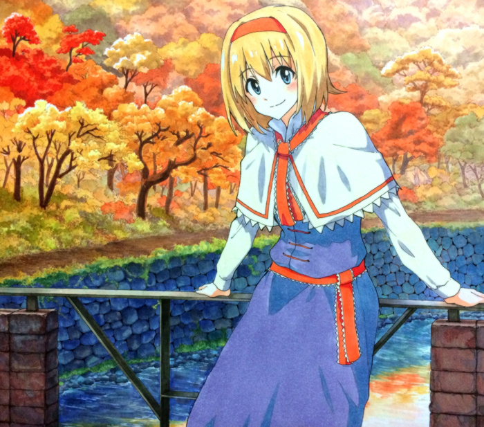 1girl against_railing alice_margatroid autumn autumn_leaves blonde_hair blue_dress blue_eyes capelet dress forest hairband long_sleeves looking_at_viewer marker_(medium) millipen_(medium) nature railing sash shiratama_(hockey) shirt smile solo touhou traditional_media