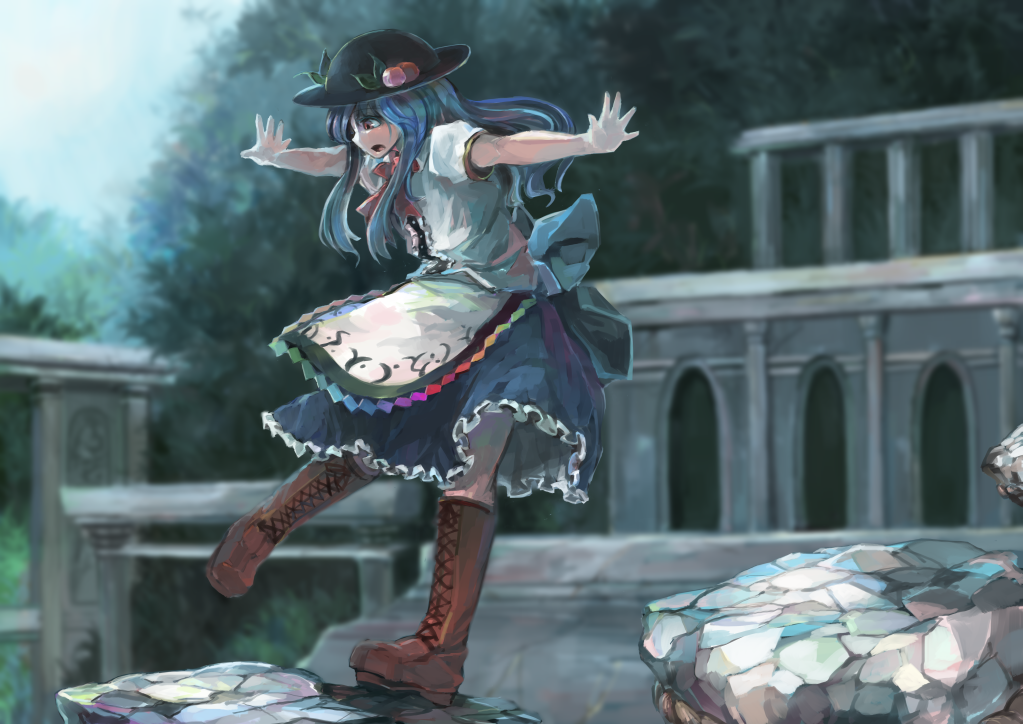 1girl balancing blue_hair boots cross-laced_footwear food fruit hat hinanawi_tenshi ichiba_youichi long_hair open_mouth outstretched_arms peach pillar puffy_short_sleeves puffy_sleeves red_eyes shirt short_sleeves skirt solo standing_on_one_leg touhou