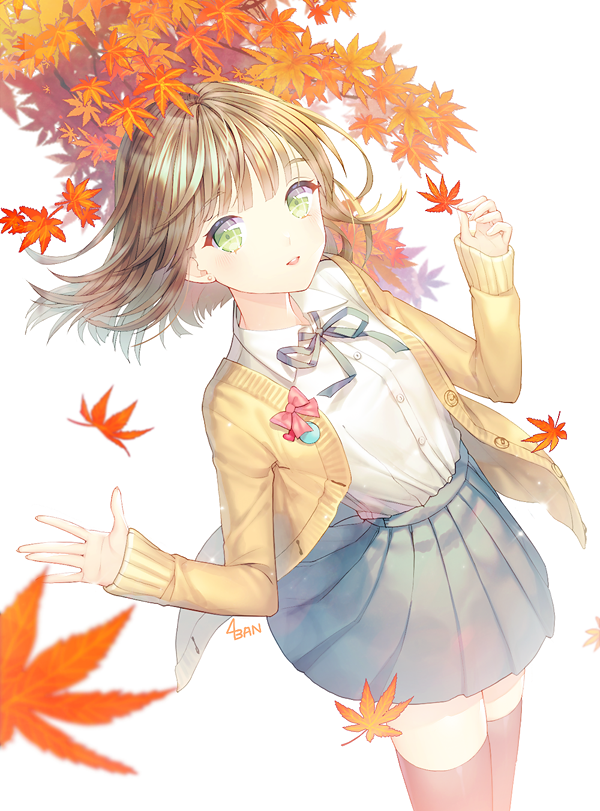 1girl autumn autumn_leaves badge bangs black_legwear blue_ribbon blue_skirt bow brown_hair button_badge buttons cardigan collared_shirt cowboy_shot dress_shirt earrings green_eyes heart holding_leaf jewelry leaf long_sleeves looking_at_viewer maple_leaf neck_ribbon open_\m/ open_cardigan open_clothes original parted_lips pleated_skirt ribbon saban shirt short_hair simple_background skirt solo teeth text thigh-highs white_background white_shirt wind zettai_ryouiki