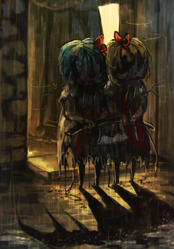2girls axe bat_wings blonde_hair blood blue_hair bow commentary different_shadow flandre_scarlet fly hat knife koto_inari maid multiple_girls rain remilia_scarlet short_hair touhou weapon wings