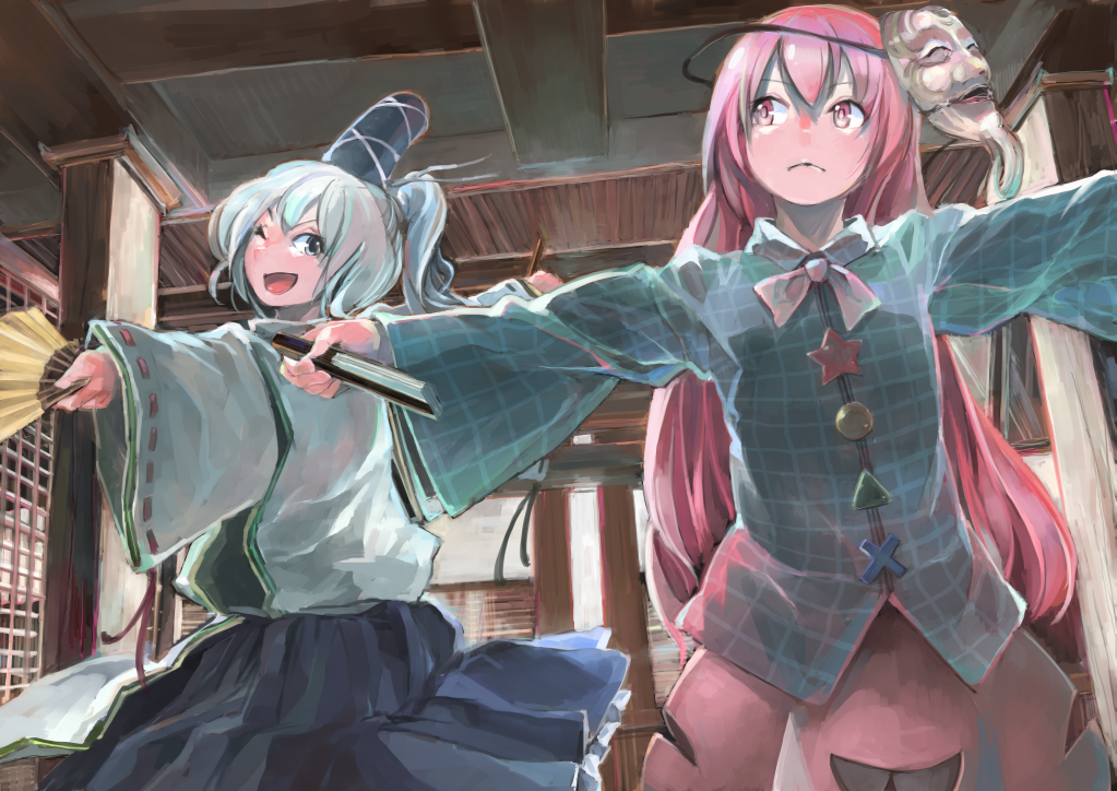 2girls back bow bubble_skirt dancing expressionless face_mask fan folding_fan grey_eyes grey_hair hat hat_ribbon hata_no_kokoro ichiba_youichi long_hair long_sleeves looking_at_another looking_back mask mononobe_no_futo multiple_girls noh_mask one_eye_closed open_mouth outstretched_arms pink_eyes pink_hair plaid plaid_shirt ponytail ribbon shirt skirt smile string tate_eboshi touhou very_long_hair vest wide_sleeves