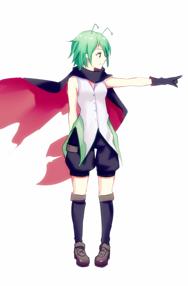 1girl adapted_costume antennae baggy_shorts bare_arms black_gloves cape gloves green_eyes green_hair kneehighs meng_xiao_jiong pointing pointing_forward shirt short_hair sleeveless sleeveless_shirt solo touhou wriggle_nightbug