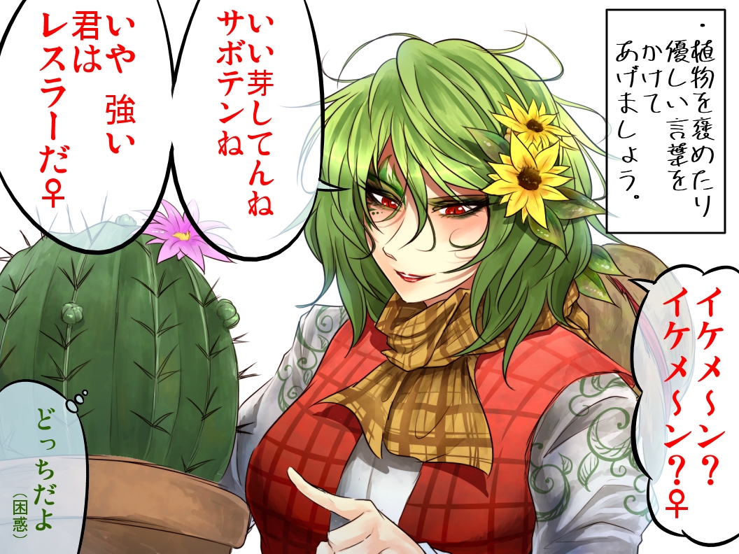 1girl cactus flower green_hair hair_flower hair_ornament juliet_sleeves kazami_yuuka long_sleeves open_clothes open_vest puffy_sleeves red_eyes ryuuichi_(f_dragon) scarf shirt solo touhou translation_request vest