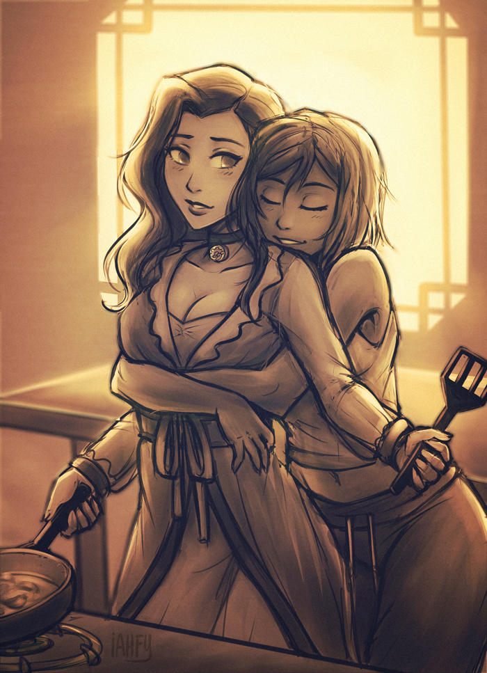 2girls asami_sato avatar:_the_last_airbender breasts cleavage closed_eyes cooking couple hug hug_from_behind iahfy jewelry korra multiple_girls navel necklace sepia sepia_background smile spatula stove the_legend_of_korra yuri