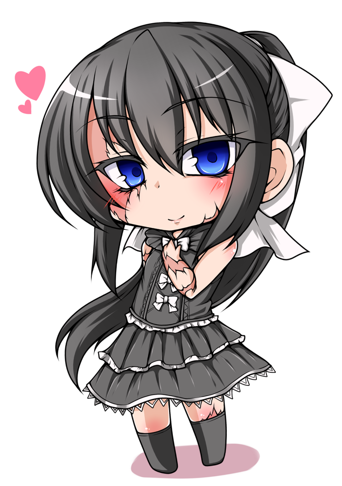 1girl bare_shoulders bella1202 black_hair black_legwear blue_eyes bow burn_scar chibi dorei_to_no_seikatsu_-teaching_feeling- dress hair_bow heart kneehighs long_hair ponytail smile solo sylvie_(dorei_to_no_seikatsu) very_long_hair white_background