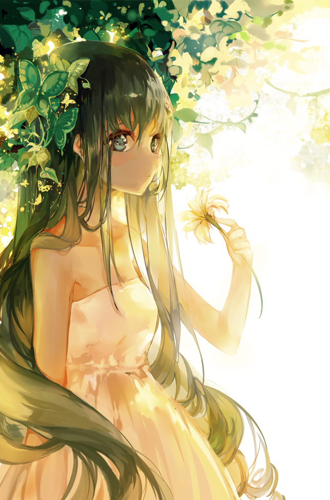 1girl animal bare_arms blue_eyes blue_hair butterfly cowboy_shot dress expressionless flower hatsune_miku holding holding_flower insect kinokohime_(mican02rl) leaf long_hair simple_background solo standing strapless_dress under_tree very_long_hair vocaloid white_background white_dress