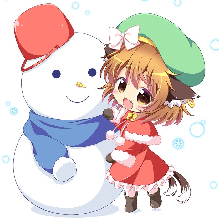 1girl :3 :d animal_ears brown_eyes brown_hair cat_ears cat_tail chen commentary_request fang green_hat hat hat_ribbon jewelry long_sleeves mittens mob_cap multiple_tails nekomata open_mouth pila-pela ribbon short_hair single_earring smile snowman solo tail touhou two_tails