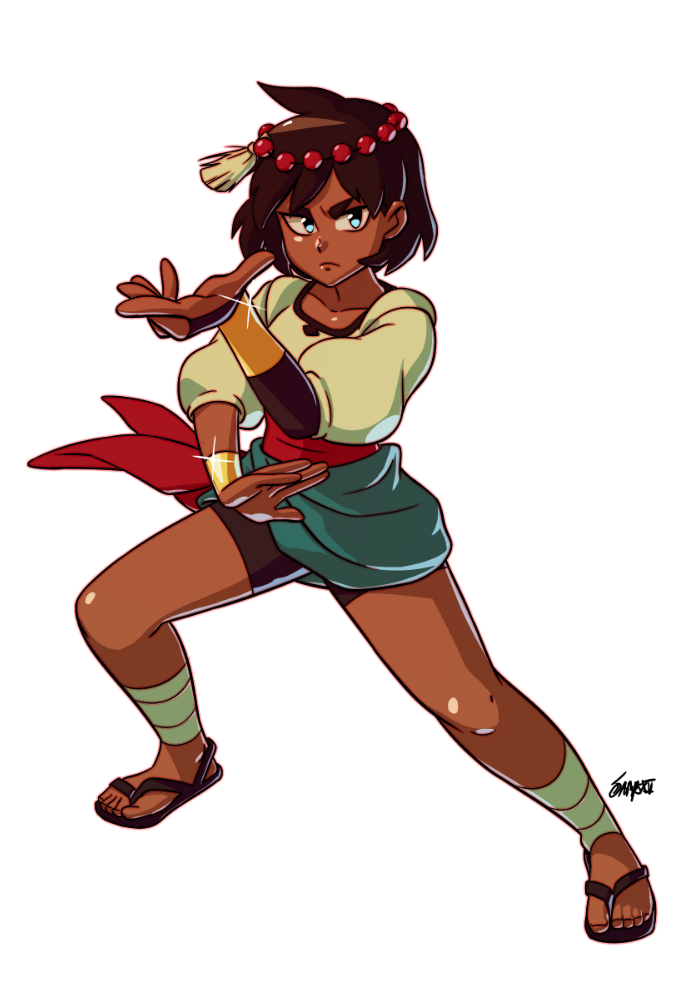 1girl ajna_(indivisible) ankle_wraps beads bike_shorts blue_eyes bracelet bridal_gauntlets brown_hair commentary dark_skin fighting_stance hair_ornament indivisible jampolinski jewelry sandals sash shirt short_hair short_sleeves shorts_under_skirt signature skirt solo standing white_background