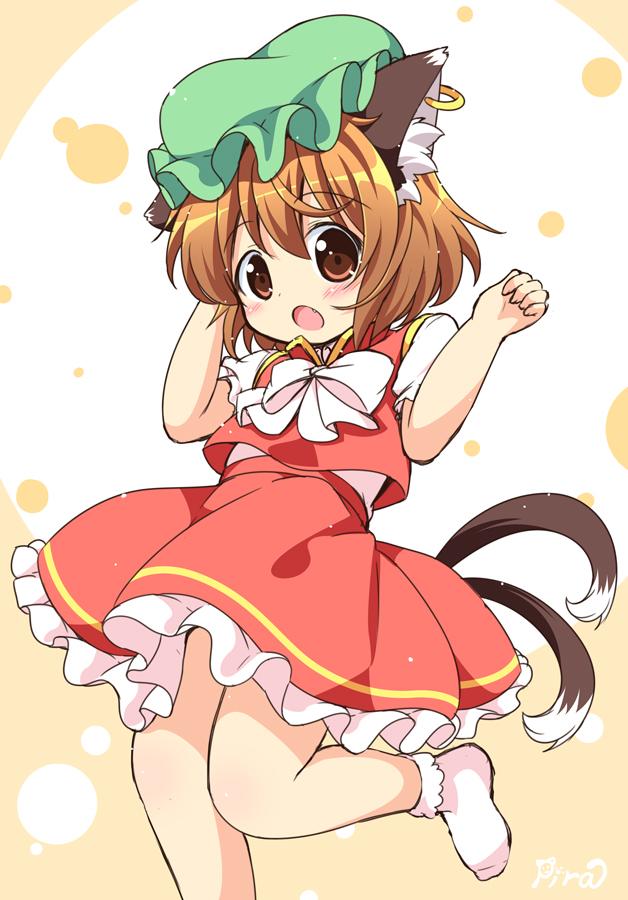 1girl animal_ears artist_name brown_eyes brown_hair cat_ears cat_tail chen commentary_request dress fang green_hat hat jewelry mob_cap multiple_tails nekomata open_mouth pila-pela red_dress short_hair short_sleeves single_earring solo tail touhou two_tails white_legwear