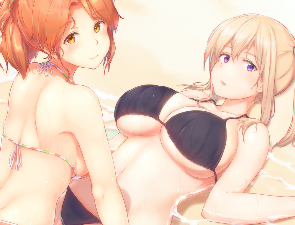 2girls aquila_(kantai_collection) beach bikini black_bikini blonde_hair blush breasts brown_eyes cleavage closed_mouth commentary_request flag_print from_behind graf_zeppelin_(kantai_collection) italian_flag italian_flag_bikini kantai_collection large_breasts long_hair looking_at_viewer looking_back lying medium_breasts multiple_girls on_back open_mouth osterei ponytail print_bikini redhead side-tie_bikini sideboob sidelocks skindentation smile swimsuit twintails under_boob violet_eyes