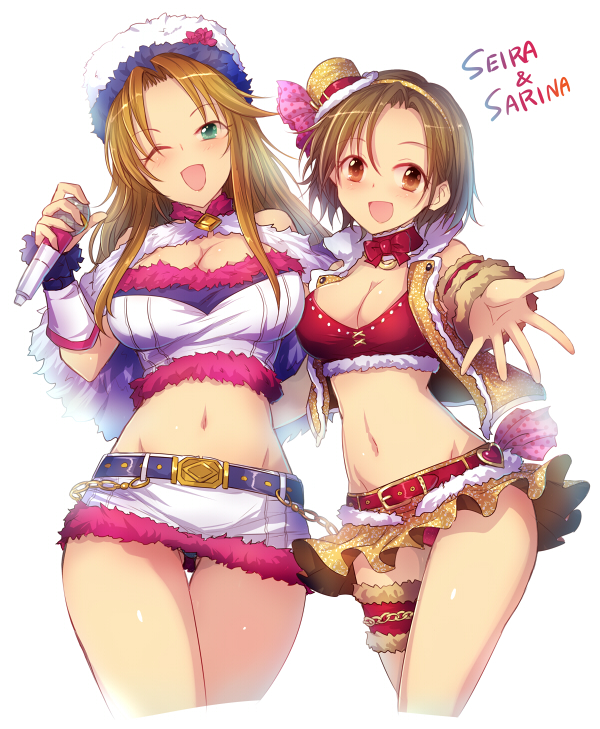 2girls :d anklet aqua_eyes arm_behind_back bare_shoulders belt black_panties blush bowtie breasts brown_hair brown_jacket character_name cleavage cleavage_cutout frills hairband hat head_tilt idolmaster idolmaster_cinderella_girls jacket jewelry kara_(color) looking_at_viewer matsumoto_sarina microphone mini_hat miniskirt mizuki_seira multiple_girls one_eye_closed open_clothes open_jacket open_mouth outstretched_arm panties pantyshot pendant red_eyes red_panties short_hair simple_background skirt smile standing underwear white_background white_skirt wrist_cuffs yellow_skirt