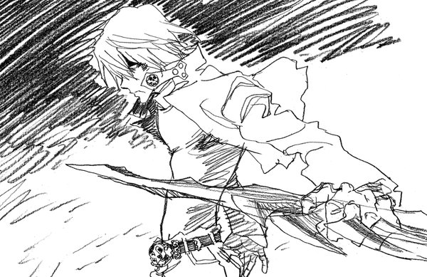1boy belt blank_eyes greyscale kekkai_sensen monochrome nakamura_yutaka sketch solo sword weapon zap_renfro