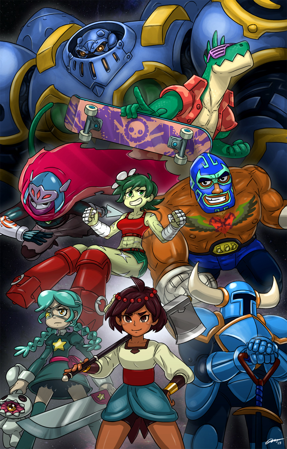 3girls 5boys ajna_(indivisible) alpha_gamboa annie_(skullgirls) armor axe battle_chasers beads belt belt_pouch bike_shorts black_eyes blouse boots bracelet braid bridal_gauntlets brown_hair calibretto cape commentary curses'n'chaos dark_skin dated dinosaur dinosaur_boy dress eyepatch flower full_armor green_dress green_eyes green_hair green_skin grin guacamelee! hair_flower hair_ornament hand_on_hip helmet highres holding horned_helmet hyper_light_drifter indivisible jacket jewelry juan_(guacamelee) knee_boots lea_(curses'n'chaos) long_sleeves looking_at_viewer monster_boy multiple_boys multiple_girls sash scar short_hair short_shorts shorts shorts_under_skirt shovel shovel_knight shovel_knight_(character) signature skateboard skirt skullgirls smile standing star stuffed_animal stuffed_bunny stuffed_toy sunglasses super_time_force_ultra the_drifter thigh-highs thigh_boots twin_braids tyrannosaurus_rex weapon worktool wrestling_mask wrestling_outfit yellow_eyes zackasaurus