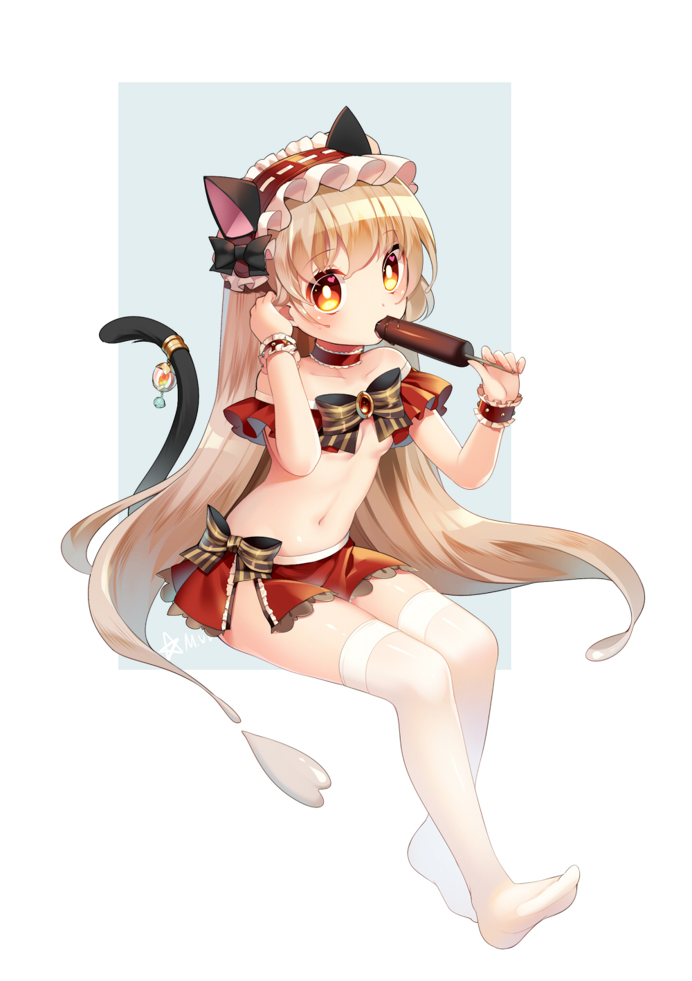 1girl animal_ears bare_shoulders blonde_hair blush bow breasts brooch cat_ears cat_tail choker collarbone fake_animal_ears hairband heart highres jewelry long_hair looking_at_viewer mvv navel original popsicle red_eyes simple_background sitting small_breasts solo tail tail_ornament thigh-highs under_boob very_long_hair white_legwear wrist_cuffs