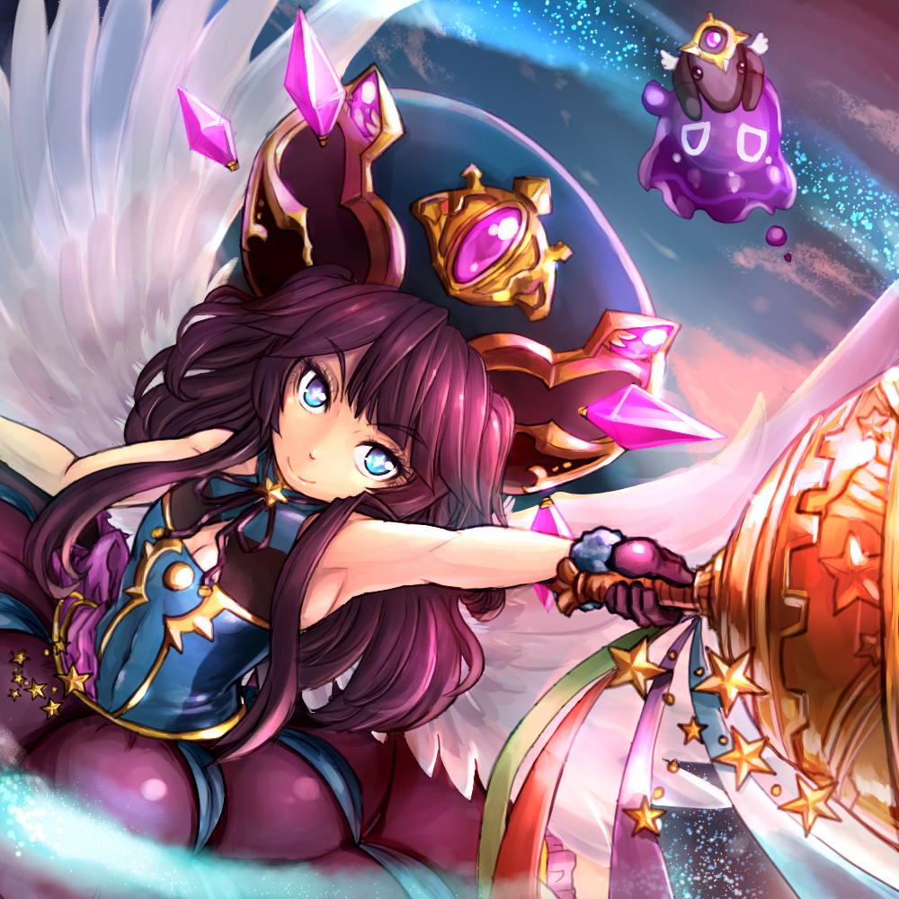 +_+ 1girl aka_(pixiv440626) armpits bell blue_eyes cleavage_cutout gloves hat lumiel_(p&amp;d) purple_hair puzzle_&amp;_dragons smile symbol-shaped_pupils tapir wings