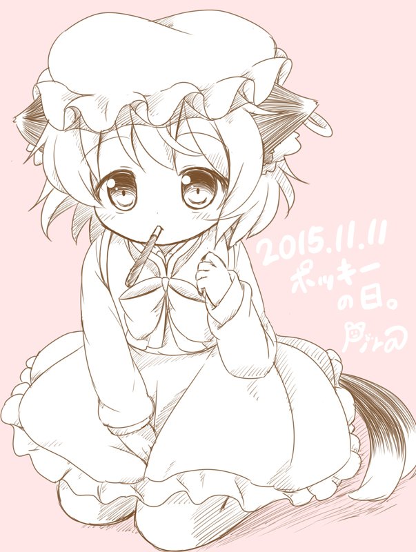 1girl animal_ears cat_ears cat_tail chen commentary_request dated hat jewelry long_sleeves mob_cap monochrome multiple_tails nekomata pila-pela pocky pocky_day short_hair single_earring solo tail touhou two_tails