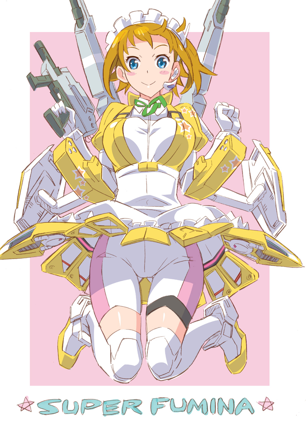 1girl bike_shorts blue_eyes blush blush_stickers brown_hair gundam gundam_build_fighters gundam_build_fighters_try highres looking_at_viewer maid maid_headdress mecha_musume short_hair simple_background skirt smile solo super_fumina suzutsuki_kurara thigh-highs