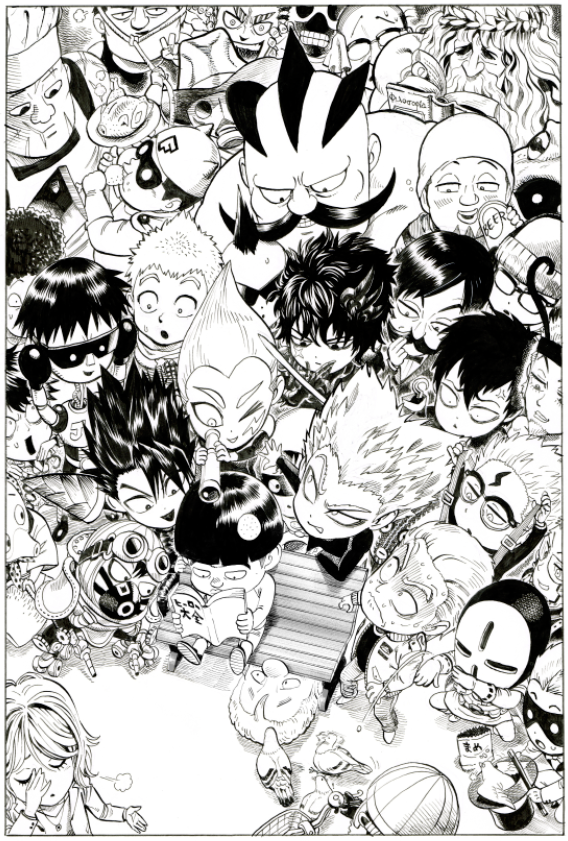 beanie beer_can bench bird book chef_hat chicken_(food) cleaver cowboy_hat dove facial_hair food garou_(onepunch_man) glasses goggles goggles_on_head golden_ball hat hook_hand laurel_crown manga_(object) monochrome murata_yuusuke mustache namen_rider onepunch_man spyglass stinger_(onepunch_man) sunglasses top_hat toque_blanche wand