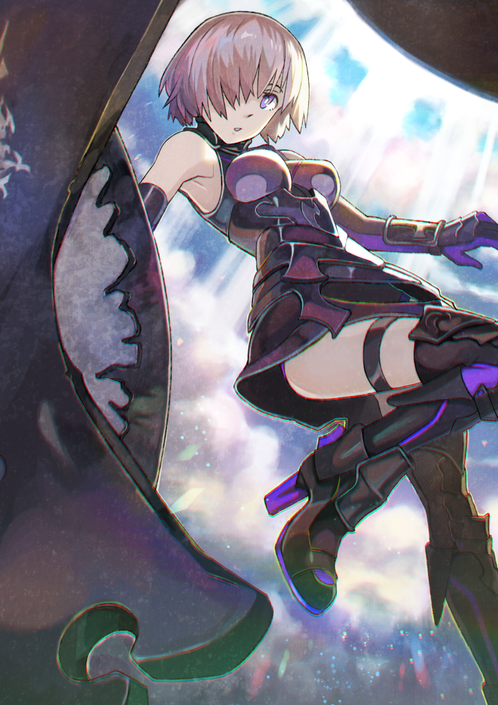 1girl :o armor bent_knees breasts elbow_gloves fate/grand_order fate_(series) gauntlets gloves hair_over_one_eye high_heels looking_at_viewer naro0427 pink_hair shielder_(fate/grand_order) short_hair sleeveless solo thigh-highs thigh_strap violet_eyes