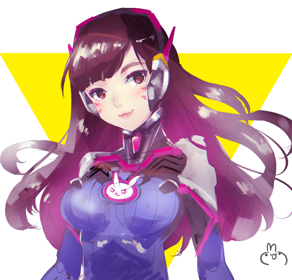 1girl :3 black_hair bodysuit breasts brown_eyes d.va_(overwatch) duji_amo eyebrows hana_song lips long_hair looking_at_viewer overwatch smile solo