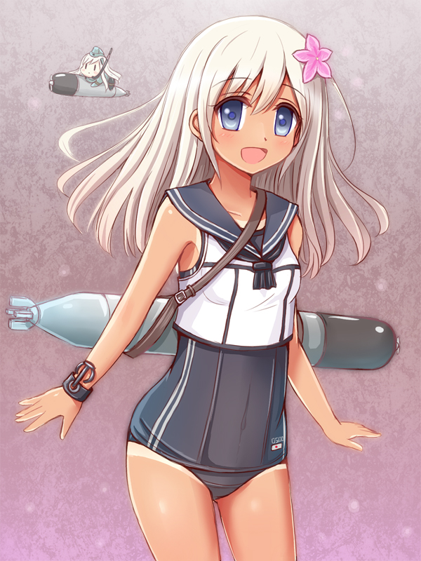 1girl blonde_hair blue_eyes crop_top dual_persona flower hair_flower hair_ornament kantai_collection long_hair one-piece_tan open_mouth rizuriri ro-500_(kantai_collection) sailor_collar school_swimsuit standing swimsuit swimsuit_under_clothes tan tanline u-511_(kantai_collection)