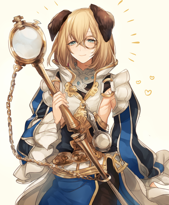 1boy androgynous animal_ears asuda bangs blonde_hair blue_eyes blush cat_ears ceylan chain folded_ears granblue_fantasy heart holding long_hair long_sleeves magnifying_glass monocle sleeves_past_wrists smile solo tareme