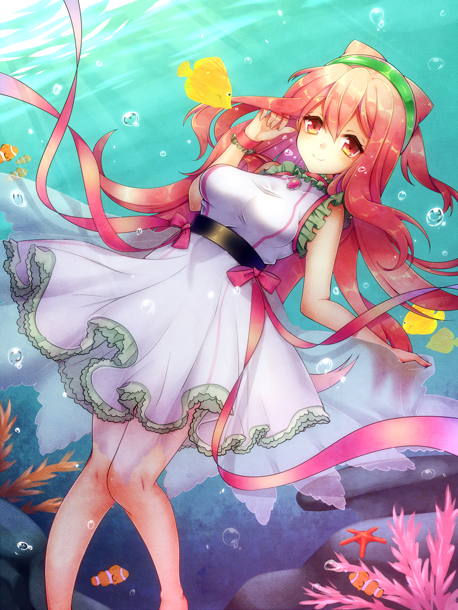 1girl adapted_costume blush breasts bubble commentary_request dress fish hacka_doll hacka_doll_2 highres kirasaki large_breasts long_hair looking_at_viewer ocean pink_eyes pink_hair smile solo underwater water