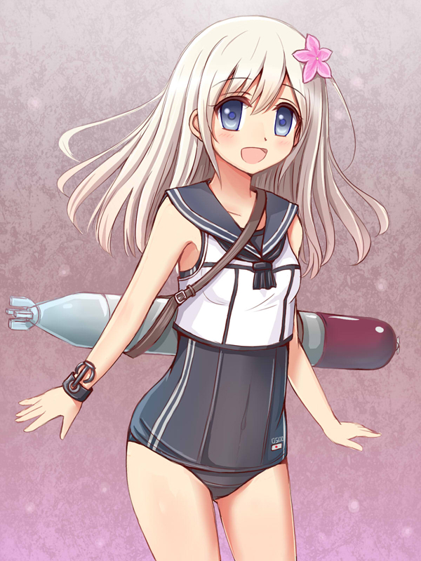 1girl blonde_hair blue_eyes crop_top flower hair_flower hair_ornament kantai_collection long_hair open_mouth rizuriri ro-500_(kantai_collection) ro-500_(kantai_collection)_(cosplay) sailor_collar school_swimsuit standing swimsuit swimsuit_under_clothes u-511_(kantai_collection)
