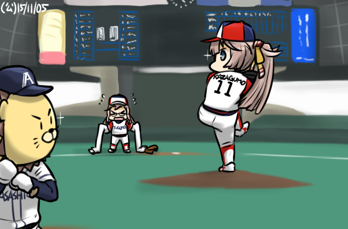 2girls asagumo_(kantai_collection) baseball baseball_base baseball_bat baseball_cap baseball_mitt baseball_stadium baseball_uniform dated glasses hamu_koutarou hat kantai_collection kazagumo_(kantai_collection) makigumo_(kantai_collection) multiple_girls sportswear very_long_sleeves