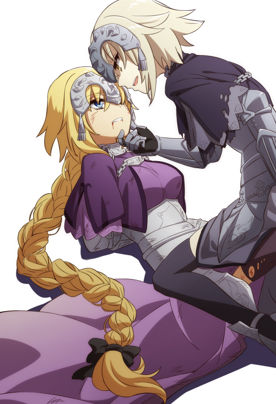 2girls armor blonde_hair blood blue_eyes braid capelet dark_persona dual_persona fate/grand_order fate_(series) gauntlets girl_on_top headwear injury jeanne_alter long_hair multiple_girls oiun ruler_(fate/apocrypha) ruler_(fate/grand_order) short_hair simple_background single_braid thigh-highs torn_clothes torn_thighhighs very_long_hair white_background yellow_eyes yuri zettai_ryouiki