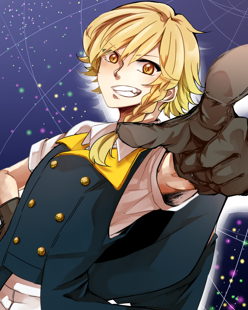 1boy blonde_hair braid brown_gloves collared_shirt commentary_request genderswap gloves grid grin kirisame_marisa looking_at_viewer perspective pointing pointing_at_viewer shirt short_hair single_braid smile sou_futoshi space touhou upper_body white_shirt yellow_eyes