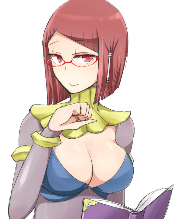 1girl armlet bangs blunt_bangs bob_cut bodysuit book bracelet breasts bridal_gauntlets cleavage cleavage_cutout clenched_hand cosplay fire_emblem fire_emblem:_kakusei glasses hair_ornament half-closed_eyes jewelry light_smile looking_at_viewer miriel_(fire_emblem) neck_ring open_book pink_eyes pink_hair red-framed_glasses shougayaki_(kabayaki_3) simple_background smile solo tharja tharja_(cosplay) upper_body white_background
