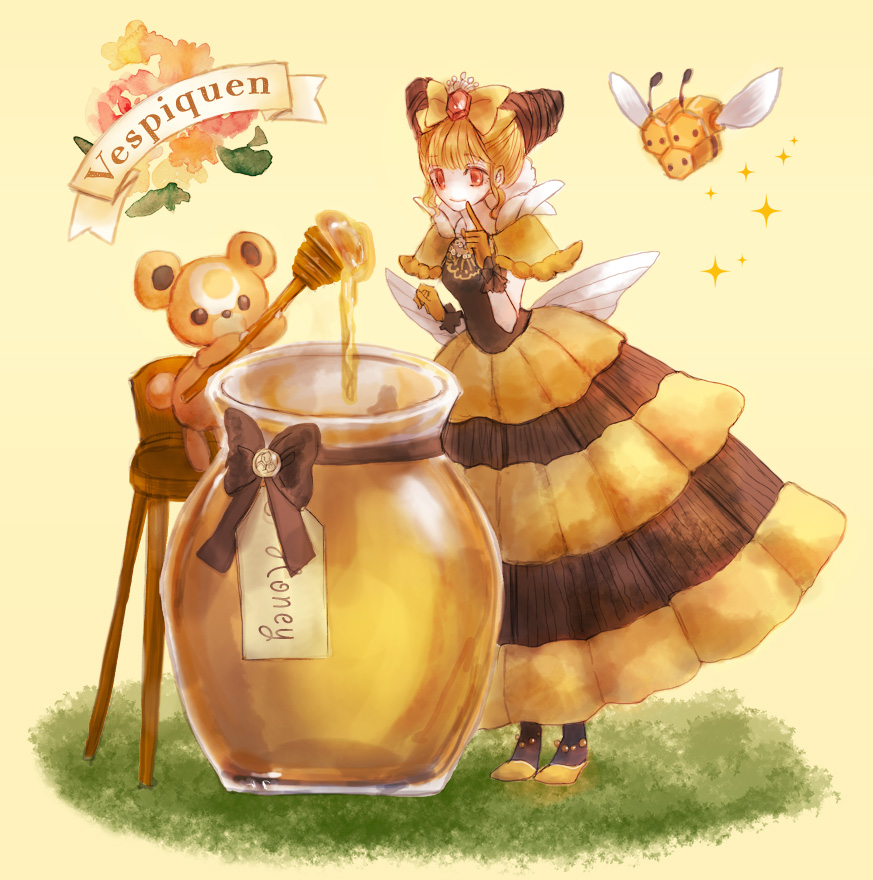 1girl black_legwear blonde_hair bow byuura_(sonofelice) chair character_name combee dress finger_to_mouth forehead_jewel gloves hair_bow headpiece honey honeypot personification pokemon pokemon_(creature) red_eyes teddiursa vespiquen yellow_dress yellow_gloves