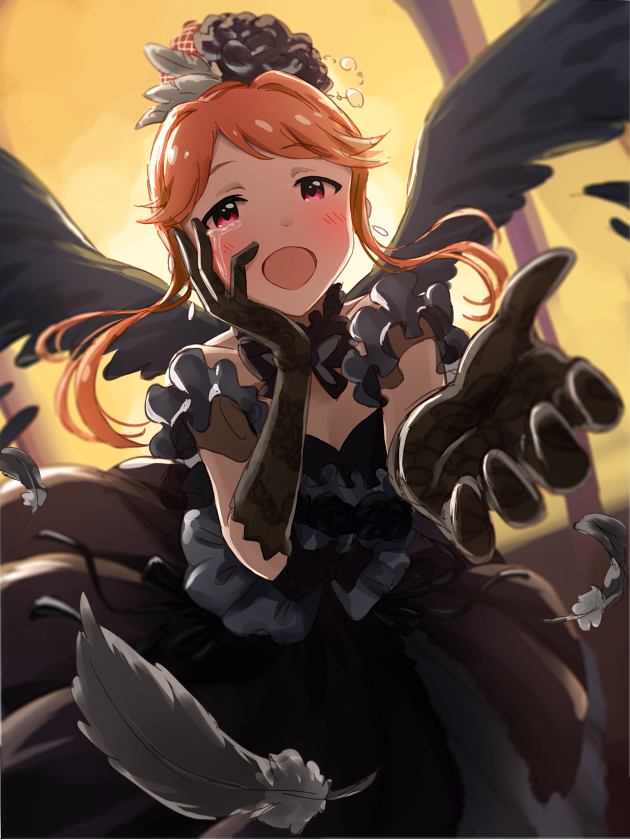 1girl :d bangs bare_shoulders black_dress black_gloves black_wings blush brown_hair dani-ikapi dress earrings feathered_wings feathers frilled_sleeves frills gloves hair_ornament hand_on_own_cheek hand_on_own_face idolmaster idolmaster_million_live! jewelry long_hair looking_at_viewer open_mouth orange_hair outstretched_hand red_eyes see-through smile solo swept_bangs tears tenkuubashi_tomoka wings
