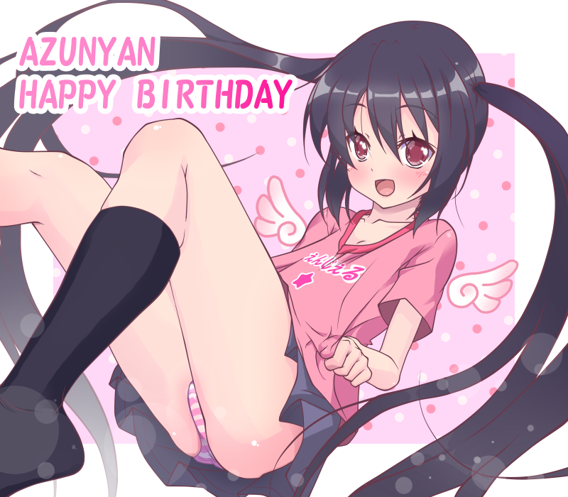1girl ass black_hair black_legwear blush brown_eyes commentary_request happy_birthday k-on! k10k kneehighs long_hair looking_at_viewer nakano_azusa open_mouth panties pleated_skirt shirt skirt smile solo striped striped_panties twintails underwear
