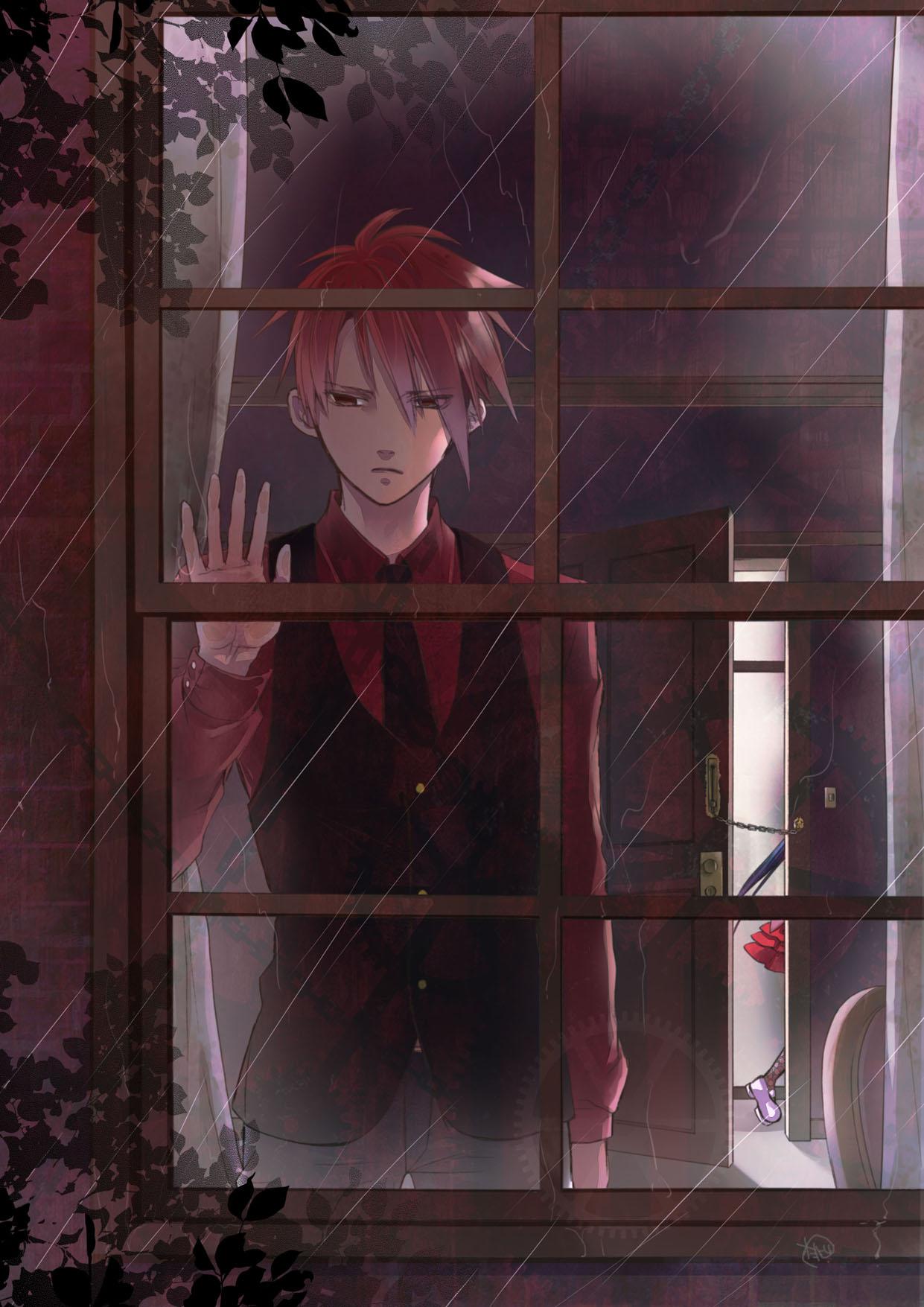 1boy 1girl against_glass blue_hair brown_eyes curtains door furudo_erika highres momoyama_hinase necktie rain redhead umineko_no_naku_koro_ni ushiromiya_battler waistcoat window