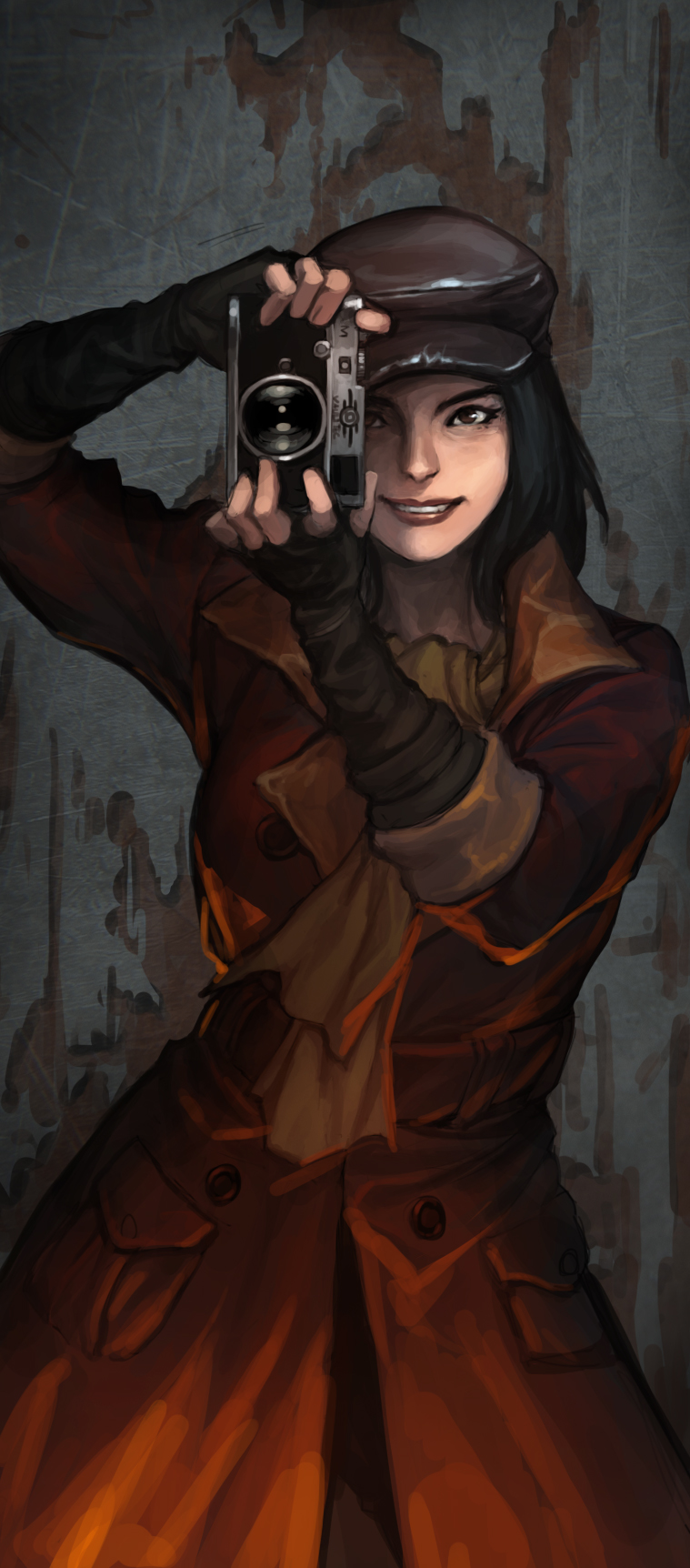 1girl black_hair cabbie_hat camera coat fallout fallout_4 fingerless_gloves gloves hat highres holding_camera lips penett piper_(fallout) scarf short_hair smile solo stain wall
