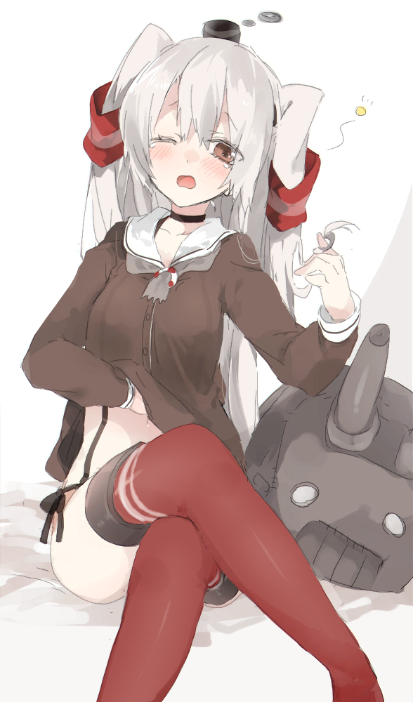 1girl amatsukaze_(kantai_collection) blush brown_eyes crossed_legs dress gloves hair_twirling kantai_collection lifted_by_self long_hair red_legwear rensouhou-kun sailor_dress short_dress silver_hair sino_(sionori) sleepy solo tears thigh-highs twitter_username two_side_up wavy_mouth wince