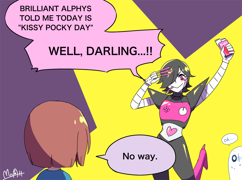 androgynous android black_hair blush boots brown_hair english frisk_(undertale) ghost hair_over_eyes hato_moa heart high_heel_boots high_heels mettaton mettaton-ex napstablook one_eye_covered one_leg_raised pink_eyes pocky pocky_day robot signature speech_bubble spotlight text undertale