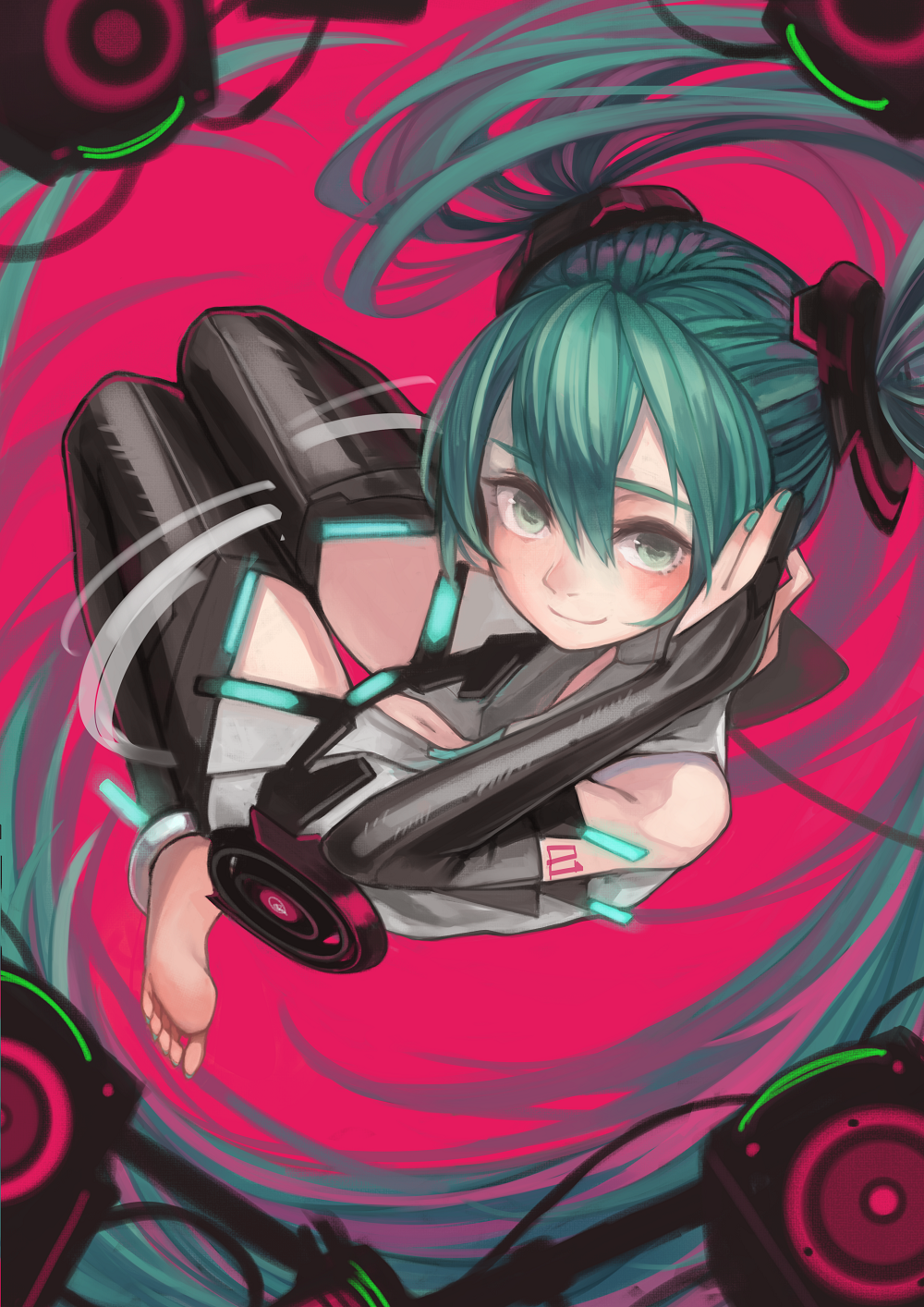 1girl barefoot bridal_gauntlets from_above green_eyes green_hair hatsune_miku highres long_hair miku_append nail_polish smile solo thigh-highs twintails very_long_hair vocaloid vocaloid_append window1228