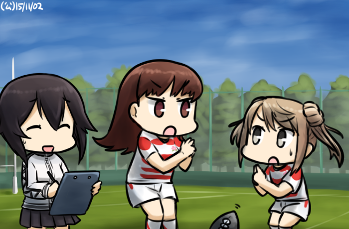 3girls brown_eyes brown_hair dated double_bun hamu_koutarou hayasui_(kantai_collection) kantai_collection michishio_(kantai_collection) multiple_girls ooi_(kantai_collection) rugby rugby_ball rugby_uniform skirt sportswear