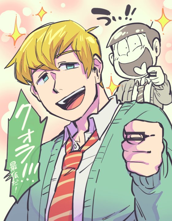 2boys bangs bar_censor blonde_hair blue_eyes cardigan censored check_translation constricted_pupils dual_persona f6 fig_sign heart heart_in_mouth hono1212 jyushimatsu loose_necktie monochrome multiple_boys necktie osomatsu-kun osomatsu-san pink_background smile sparkle translation_request upper_body