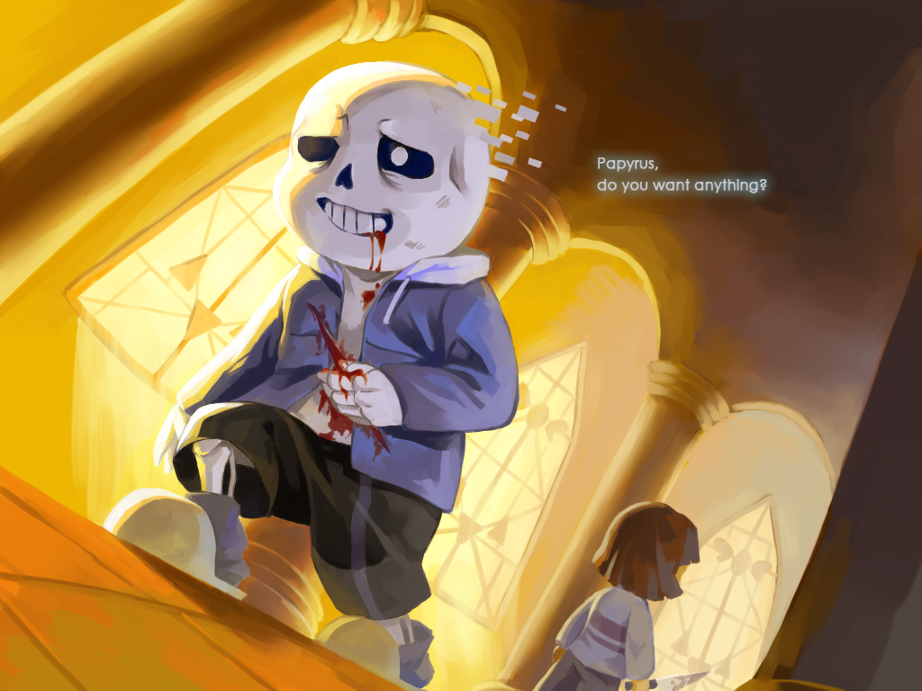 1boy 23_(23ciyuan) androgynous blood blood_from_mouth commentary_request dying english frisk_(undertale) injury knife open_mouth sans skeleton spoilers undertale