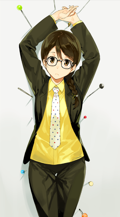 1girl arms_up braid brown_eyes brown_hair dress_shirt formal frown hands_together jacket necktie open_clothes open_jacket original pant_suit pants pin_(object) polka_dot polka_dot_necktie sasamori_tomoe shirt single_braid solo suit yellow_shirt