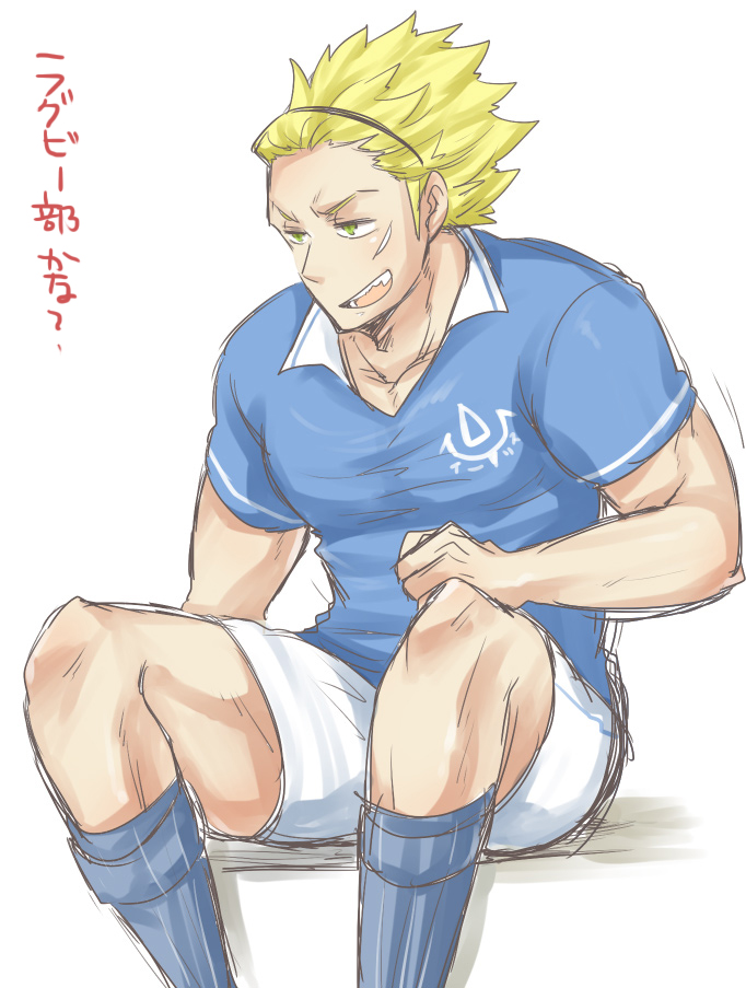 1boy blonde_hair fire_emblem fire_emblem:_kakusei male_focus rugby_uniform shirt shorts shougayaki_(kabayaki_3) solo spiky_hair sportswear translation_request wyck